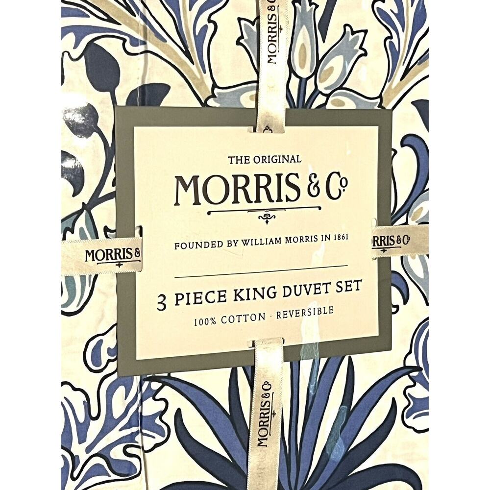 William MORRIS & CO. KING Duvet Cover Set Blue White Reversible COTTON - Picture 5 of 16